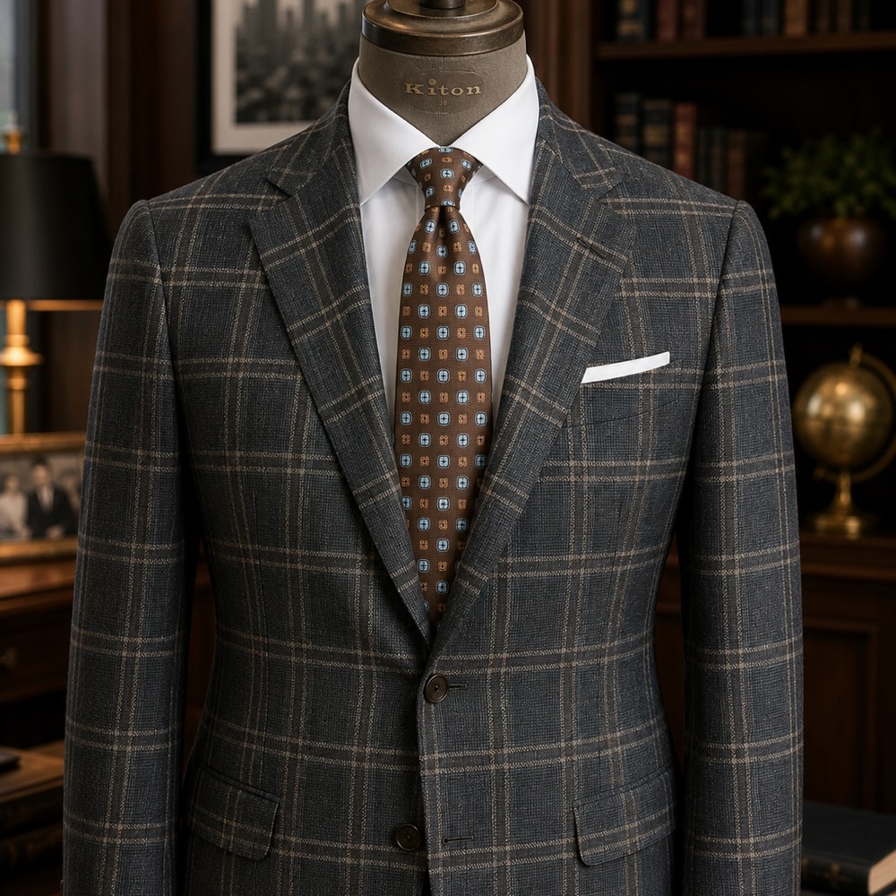Kiton 100% Cashmere Smoke Olive Sport Coat w/ Brown Windowpane + Kiton Silk Tie